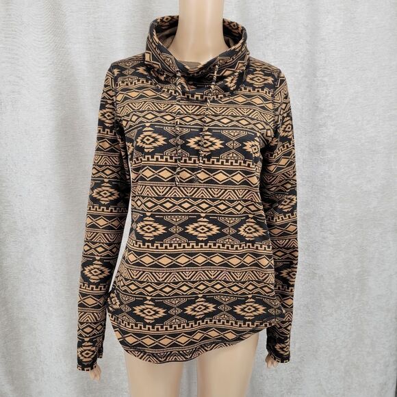 Kavu Skylar Cowl Neck Gold Black Southwestern Aztec Print Pullover - Picture 1 of 7